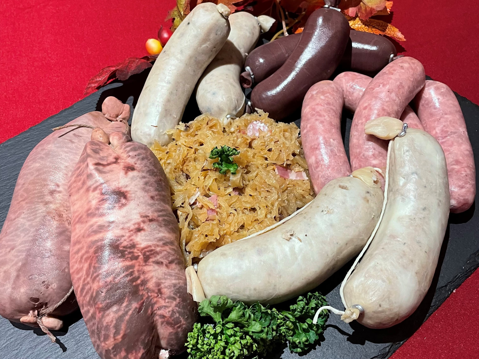 Metzgete a plate of sausages and sauerkraut